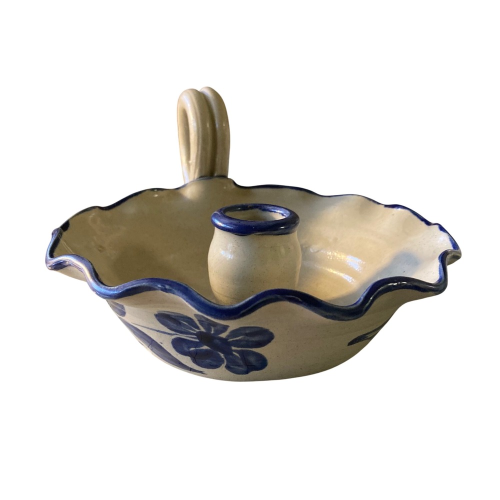 WPF 2001 Pottery Candlestick Holder Blue Floral Handle Dish Rustic Farmhouse